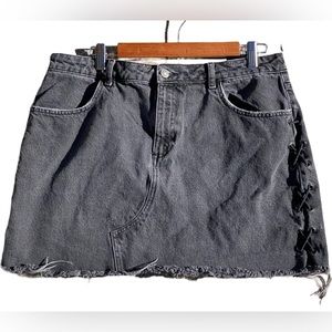 Lace Up Sides Black Denim Skirt Upcycled Vintage Denim Size 14